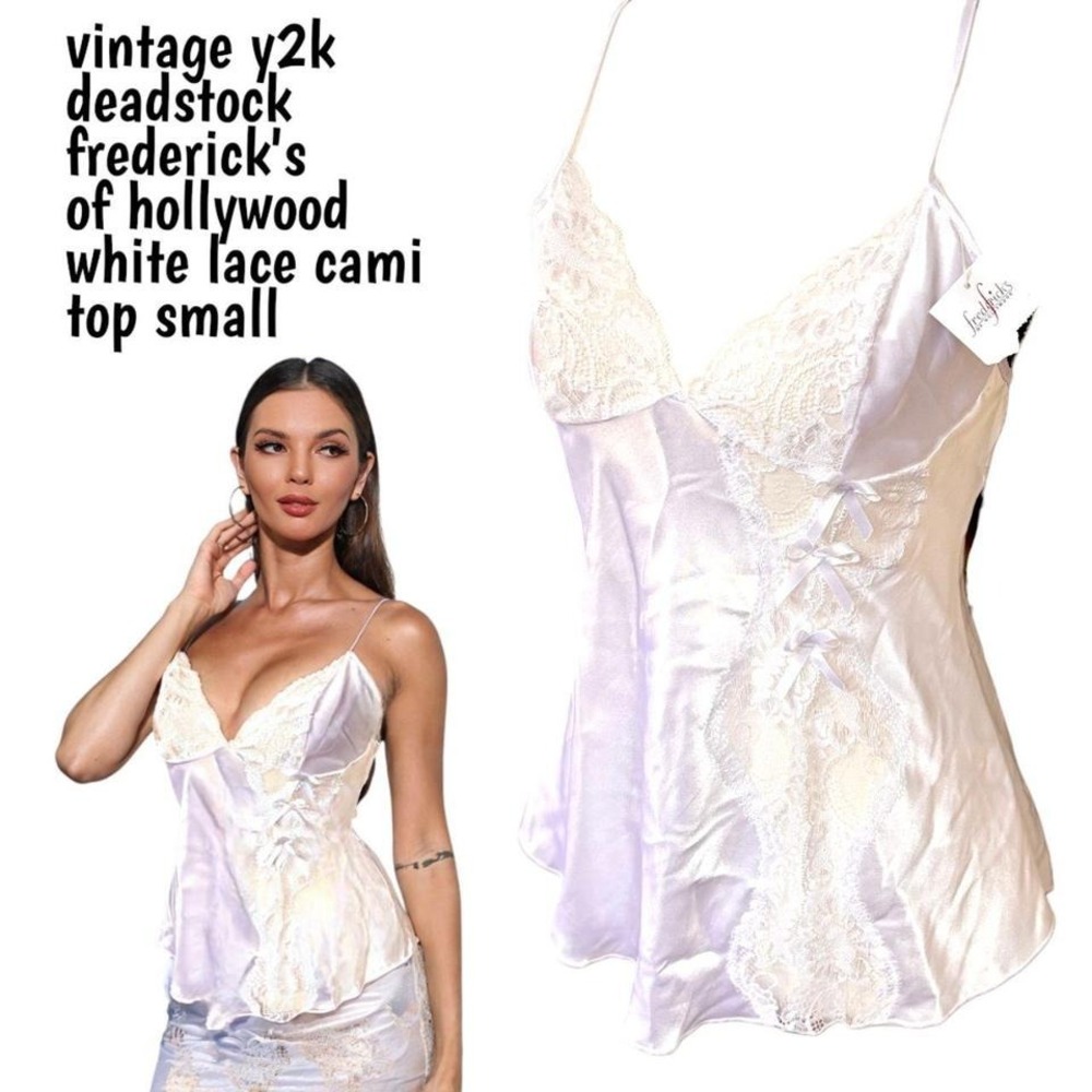 y2k deadstock frederick's of hollywood white lace bow satin cami top small nwt‎